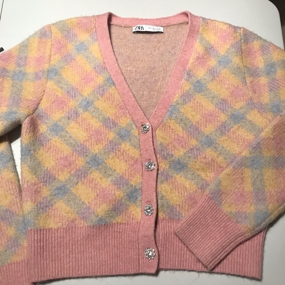 Zara Pastel Knit Argyle Jewel Button Cardigan Sweater - Picture 6 of 13